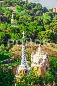 Barcelona, Spain - May 1, 2015: Barcelona Attractions, Park Guell by architec Stock Photos