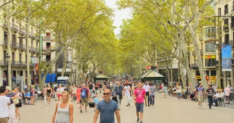 BARCELONA, SPAIN - May 10th 2017: Street La Rambla. People walk daily pedestrian 스톡 동영상 86047021