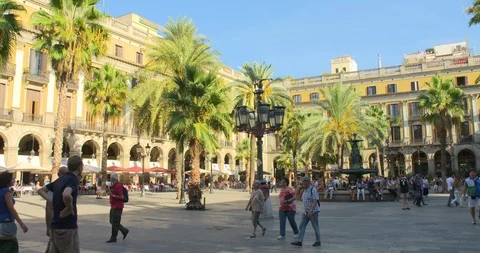 BARCELONA, SPAIN, MAY 22, 2017: Barcelona Plaza Real, famous square with Stock Footage 86143376