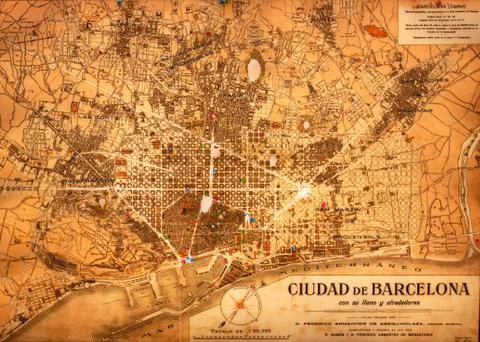 Barcelona, Spain on an old torn map Stock Photos