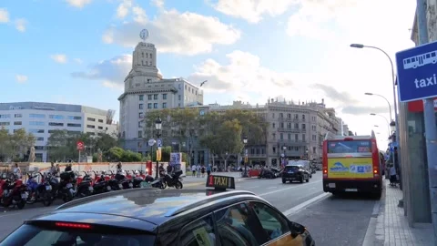 Barcelona Spain, September 14 2023: Taxi and bus stop in Plaza Cataluña Stock Footage 252381953