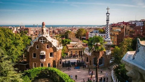 Barcelona, Spain, Time Lapse View of Park Guell and Barcelona Cityscape Stock Footage 83791772