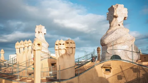 Barcelona, Spain, Zoom Out Timelapse View of Casa Mila Rooftop on a Sunny Day Stock Footage