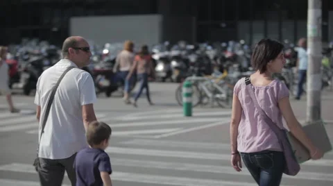 Barcelona Street Tourists Crossing Stock Footage 46691053