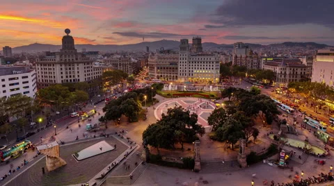 Barcelona sunset night placa de catalunya roof panorama 4k time lapse spain Stock Footage 56738451