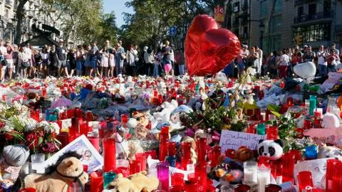 Barcelona's Rambla after terroridt attack. Flowers and candles Stock Photos