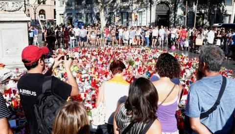 Barcelona's Rambla after terroridt attack. Flowers and candles Stock Photos