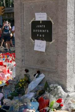 Barcelona's Rambla after terroridt attack. Flowers and candles Stock Photos