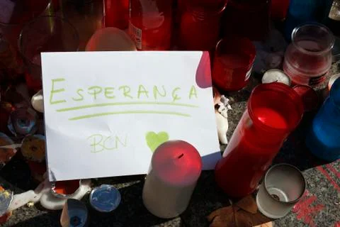 Barcelona's Rambla after terroridt attack. Flowers and candles Stock Photos
