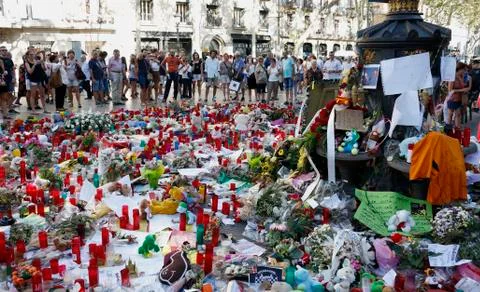 Barcelona's Rambla after terroridt attack. Flowers and candles Stock Photos