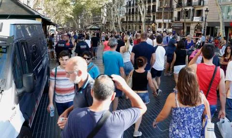 Barcelona's Rambla after terroridt attack. Flowers and candles Stock Photos