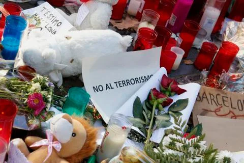 Barcelona's Rambla after terroridt attack. Flowers and candles Stock Photos