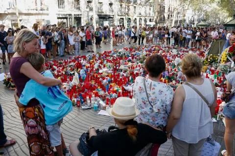 Barcelona's Rambla after terroridt attack. Flowers and candles Stock Photos