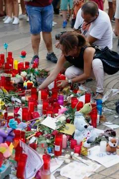 Barcelona's Rambla after terroridt attack. Flowers and candles Stock Photos