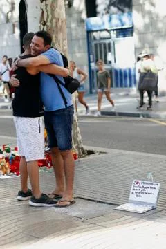 Barcelona's Rambla after terroridt attack. Flowers and candles Stock Photos