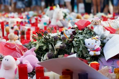 Barcelona's Rambla after terroridt attack. Flowers and candles Stock Photos