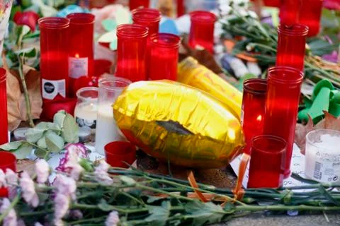 Barcelona's Rambla after terroridt attack. Flowers and candles Stock Photos