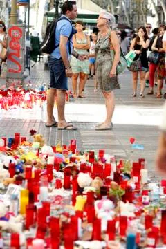 Barcelona's Rambla after terroridt attack. Flowers and candles Stock Photos
