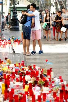 Barcelona's Rambla after terroridt attack. Flowers and candles Stock Photos