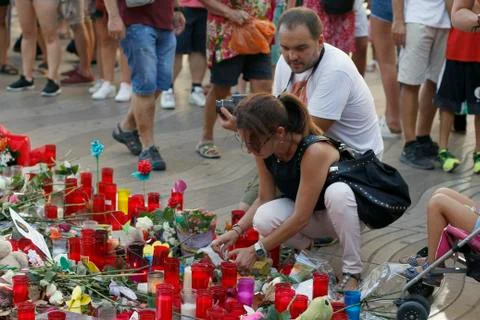 Barcelona's Rambla after terroridt attack. Flowers and candles Stock Photos