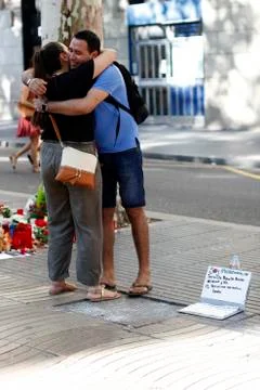 Barcelona's Rambla after terroridt attack. Flowers and candles Stock Photos