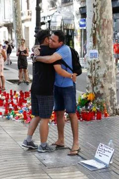 Barcelona's Rambla after terroridt attack. Flowers and candles Stock Photos