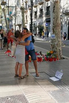 Barcelona's Rambla after terroridt attack. Flowers and candles Stock Photos