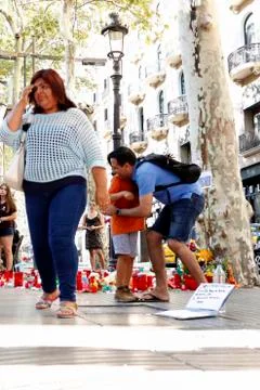 Barcelona's Rambla after terroridt attack. Flowers and candles Stock Photos