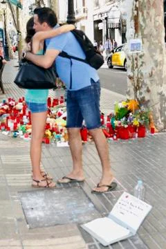 Barcelona's Rambla after terroridt attack. Flowers and candles Stock Photos