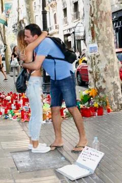 Barcelona's Rambla after terroridt attack. Flowers and candles Stock Photos
