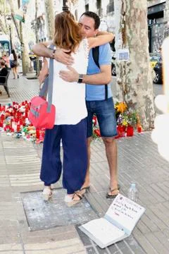 Barcelona's Rambla after terroridt attack. Flowers and candles Stock Photos