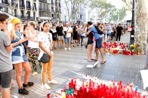 Barcelona's Rambla after terroridt attack. Flowers and candles Stock Photos