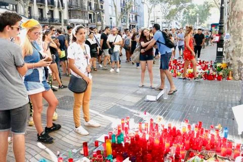 Barcelona's Rambla after terroridt attack. Flowers and candles Stock Photos