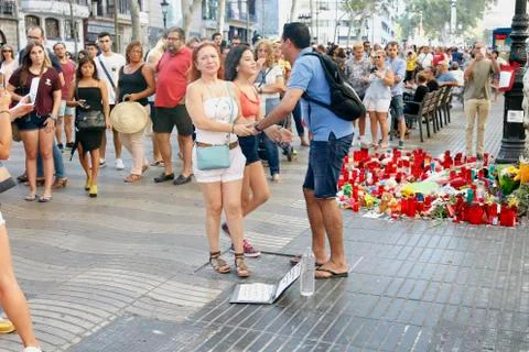 Barcelona's Rambla after terroridt attack. Flowers and candles Stock Photos