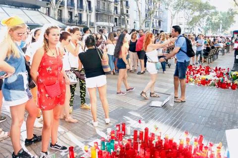 Barcelona's Rambla after terroridt attack. Flowers and candles Stock Photos