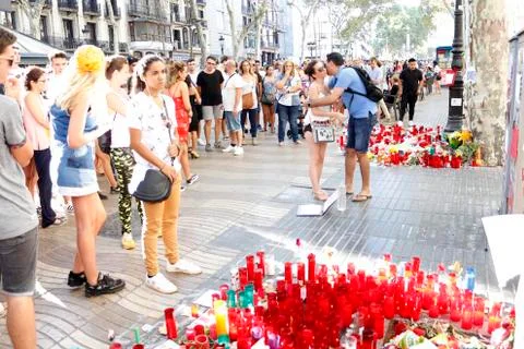 Barcelona's Rambla after terroridt attack. Flowers and candles Stock Photos