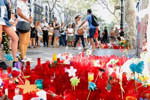 Barcelona's Rambla after terroridt attack. Flowers and candles Stock Photos