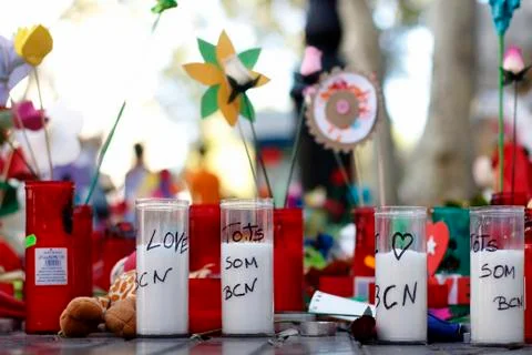 Barcelona's Rambla after terroridt attack. Flowers and candles Stock Photos