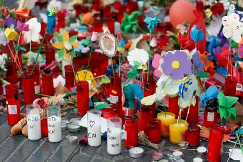 Barcelona's Rambla after terroridt attack. Flowers and candles Stock Photos