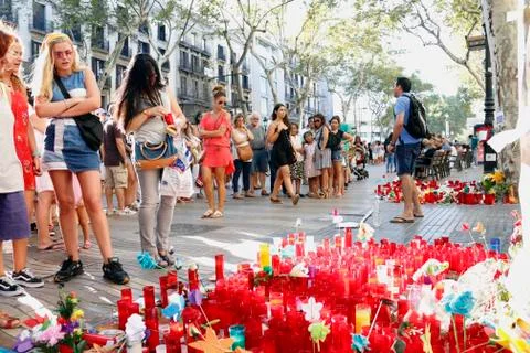 Barcelona's Rambla after terroridt attack. Flowers and candle Stock Photos