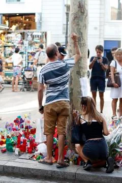 Barcelona's Rambla after terroridt attack. Flowers and candles Stock Photos