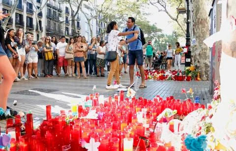 Barcelona's Rambla after terroridt attack. Flowers and candles Stock Photos
