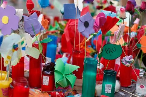 Barcelona's Rambla after terroridt attack. Flowers and candles Stock Photos