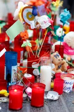 Barcelona's Rambla after terroridt attack. Flowers and candles Stock Photos
