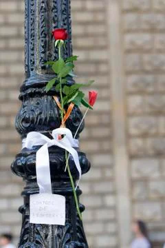 Barcelona's Rambla after terroridt attack. Flowers and candles Stock Photos