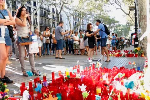Barcelona's Rambla after terroridt attack. Flowers and candles Stock Photos