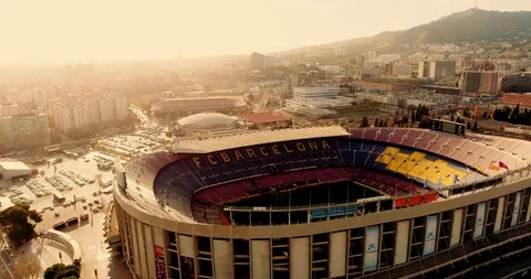 BARCELONA,SPAIN-March 11,2019: Aerial view of  iconic football stadium Camp Nou Stock Footage