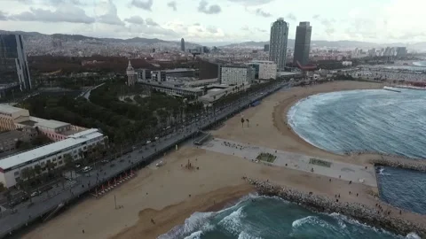 Barcelonette Beach from the drone in December. Stock Footage 150703220