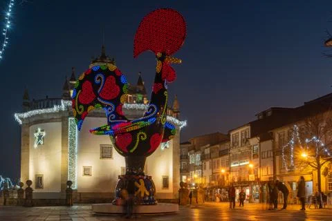 BARCELOS, PORTUGAL - CIRCA JAUARY 2019: View at the Pop Galo at night, public Stock Photos
