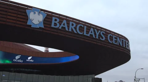 Barclays Center_Low Angle Pan Right Day Time EXT Medium Shot Stock Footage 51663305
